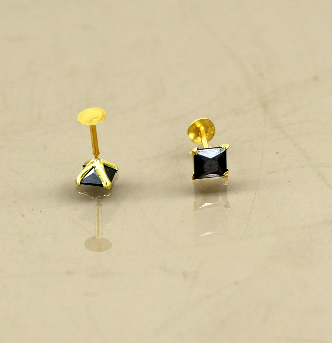 4mm 18kt yellow gold handmade single black stone stud earring, excellent light weight daily use customized gifting unisex jewelry er106 - TRIBAL ORNAMENTS