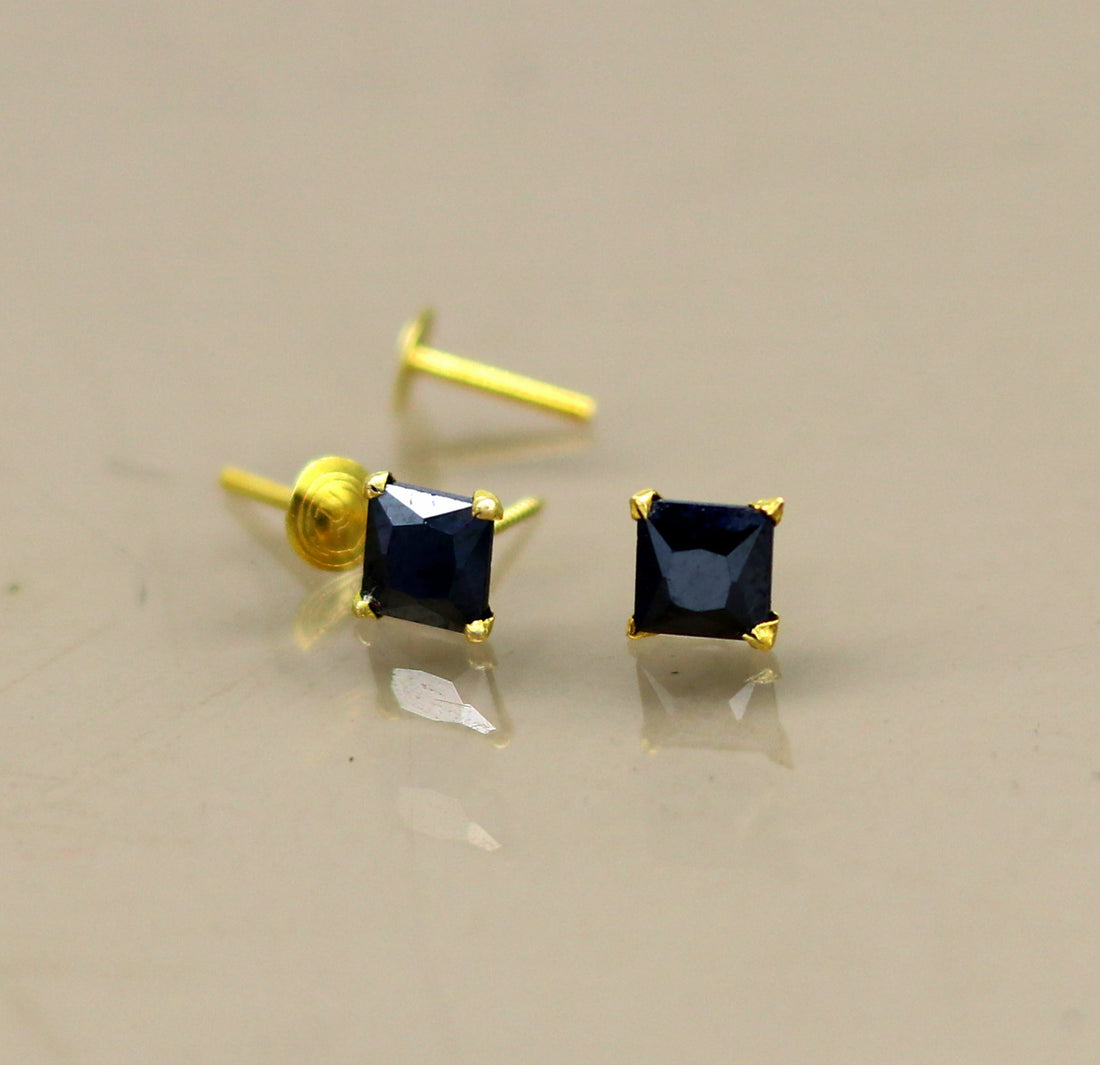 4mm 18kt yellow gold handmade single black stone stud earring, excellent light weight daily use customized gifting unisex jewelry er106 - TRIBAL ORNAMENTS