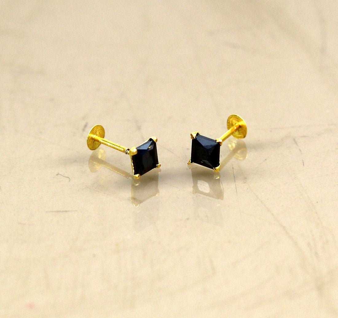 4mm 18kt yellow gold handmade single black stone stud earring, excellent light weight daily use customized gifting unisex jewelry er106 - TRIBAL ORNAMENTS