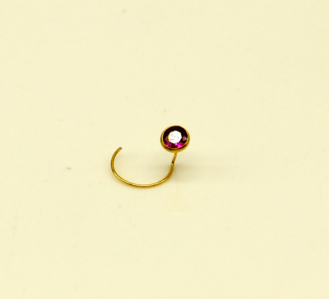 3.5mm tiny 18kt yellow gold handmade single stone nose pin U band nose stud cartilage customized pretty red stone jewelry gnp31 - TRIBAL ORNAMENTS