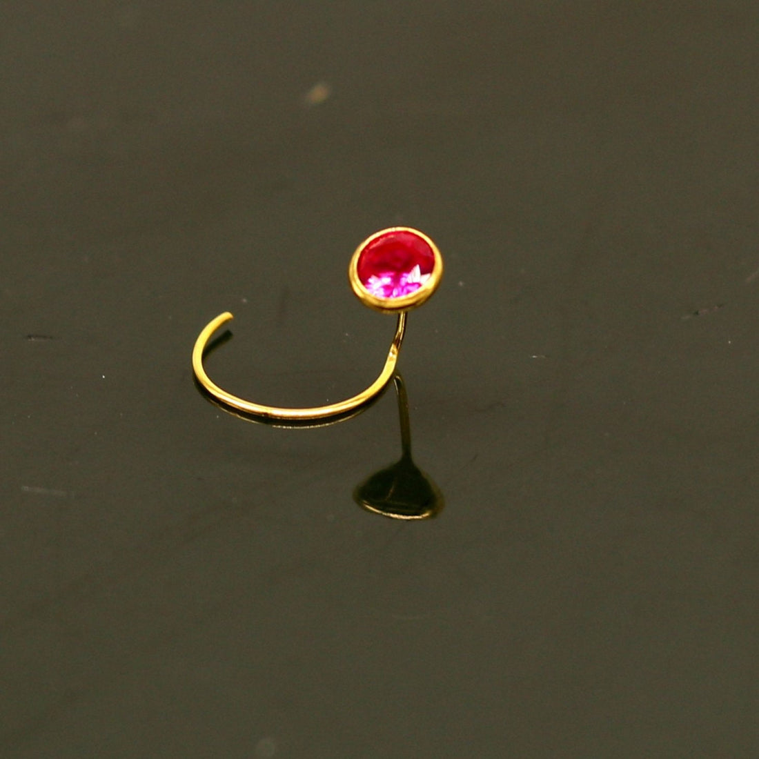 3.5mm tiny 18kt yellow gold handmade single stone nose pin U band nose stud cartilage customized pretty red stone jewelry gnp31 - TRIBAL ORNAMENTS