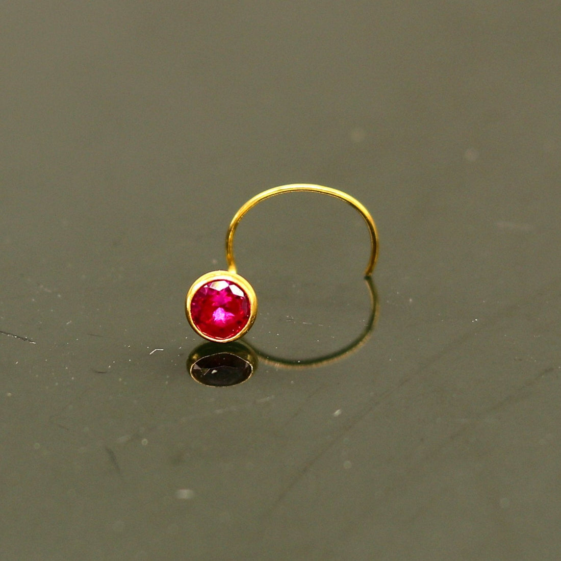 3.5mm tiny 18kt yellow gold handmade single stone nose pin U band nose stud cartilage customized pretty red stone jewelry gnp31 - TRIBAL ORNAMENTS