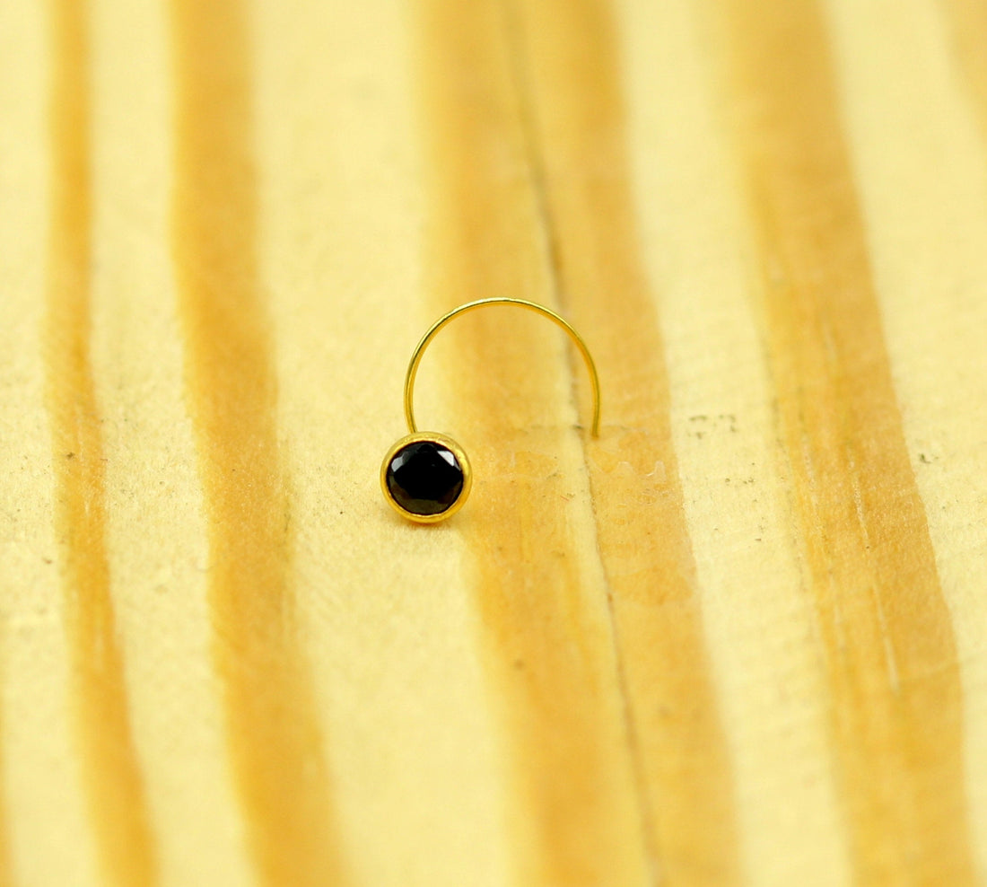 3.5mm tiny single black stone 18kt yellow gold handmade nose pin, excellent U band nose plug, nose wire, cartilage jewelry for girl's gnp33 - TRIBAL ORNAMENTS