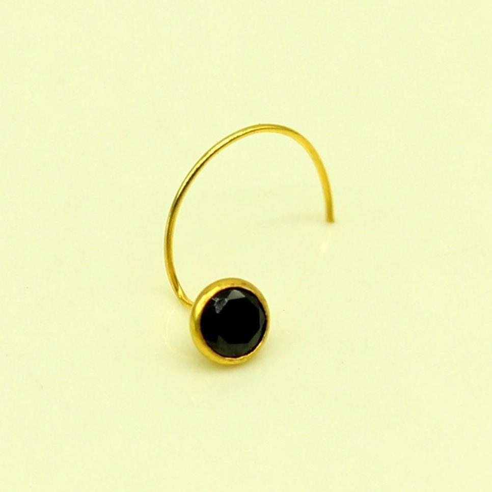 3.5mm tiny single black stone 18kt yellow gold handmade nose pin, excellent U band nose plug, nose wire, cartilage jewelry for girl's gnp33 - TRIBAL ORNAMENTS