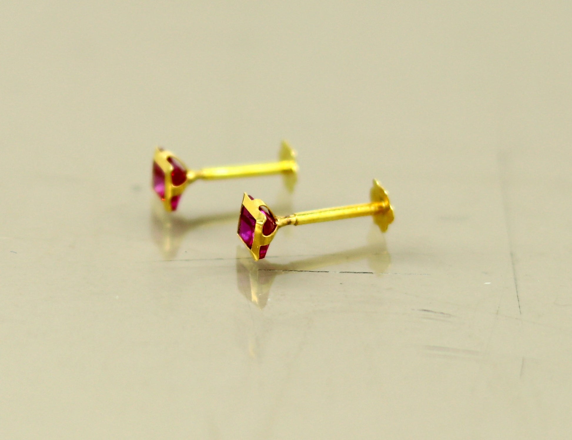 3.5mm tiny single red stone handmade 18kt yellow gold combo jewelry we can use as stud or nose stud , baby stud cartilage jewelry er109 - TRIBAL ORNAMENTS
