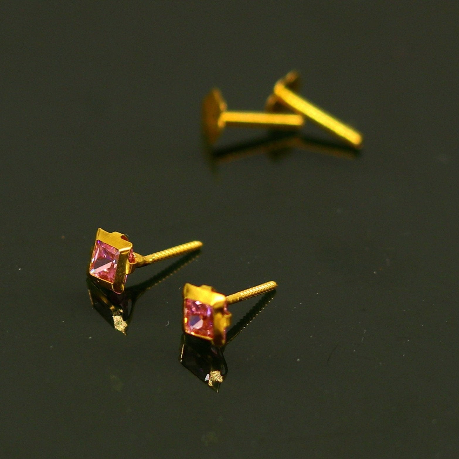 3mm tiny single pink stone handmade 18kt yellow gold combo jewelry we can use as stud or nose stud , baby stud cartilage jewelry er111 - TRIBAL ORNAMENTS