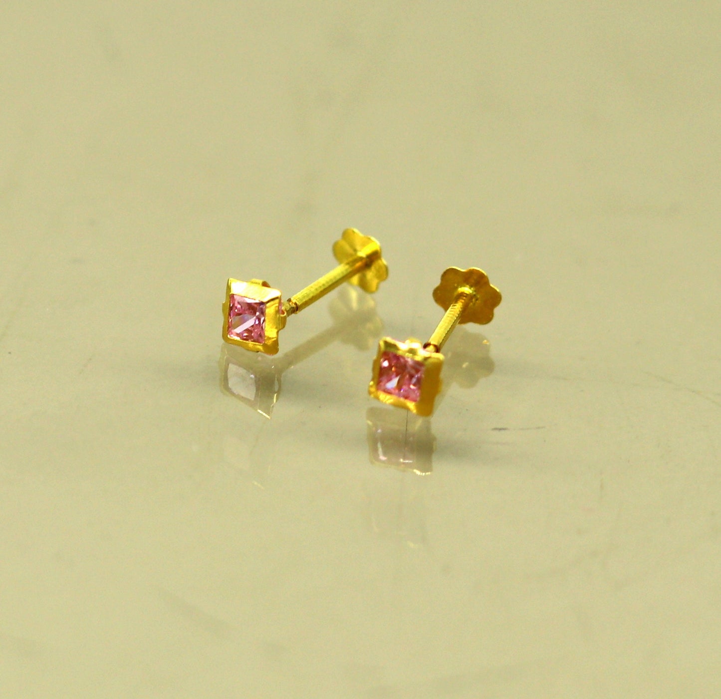 3mm tiny single pink stone handmade 18kt yellow gold combo jewelry we can use as stud or nose stud , baby stud cartilage jewelry er111 - TRIBAL ORNAMENTS