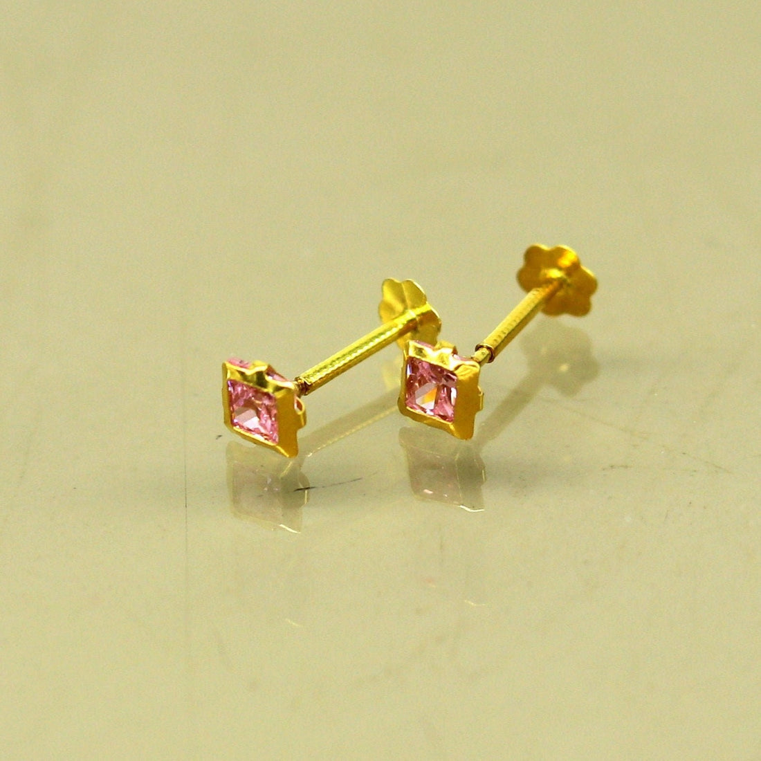 3mm tiny single pink stone handmade 18kt yellow gold combo jewelry we can use as stud or nose stud , baby stud cartilage jewelry er111 - TRIBAL ORNAMENTS