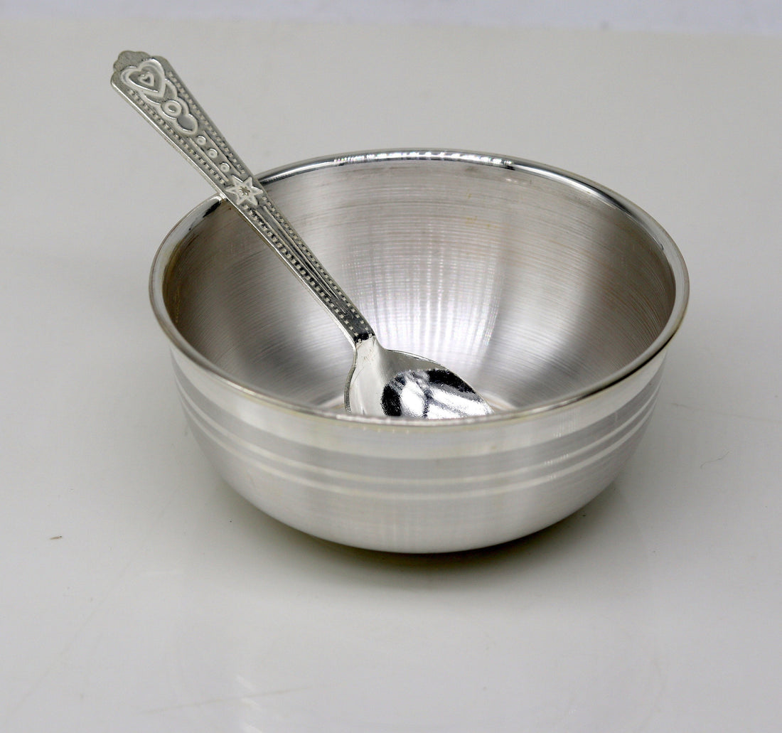 999 fine silver handmade silver bowl and spoon set, silver has antibacterial properties,stay baby/kids healthy, silver vessels utensils sv43 - TRIBAL ORNAMENTS