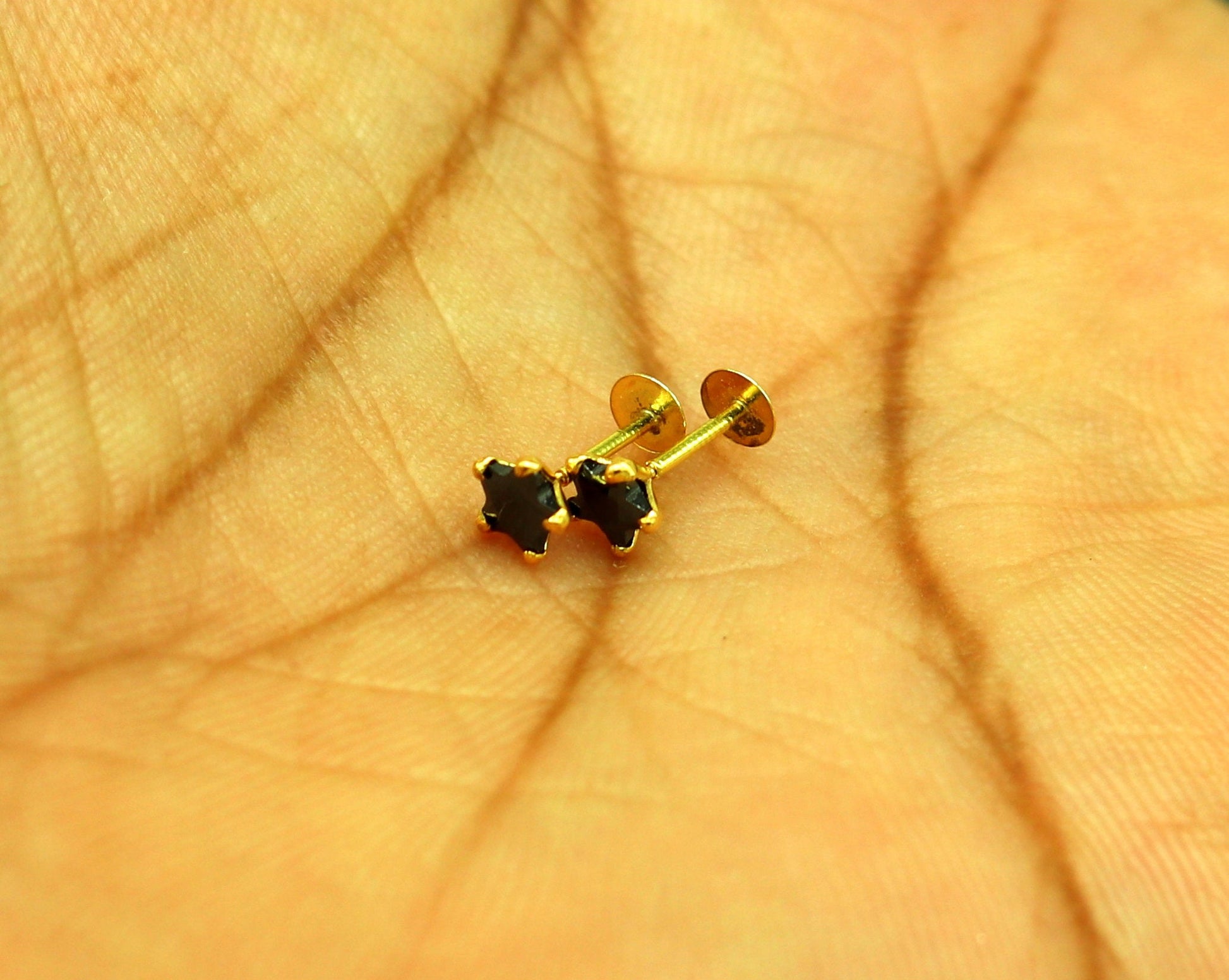 4 mm single black stone 18 kt yellow gold handmade star shape design fabulous screw back stud earring use as nose pin unisex jewelry er118 - TRIBAL ORNAMENTS