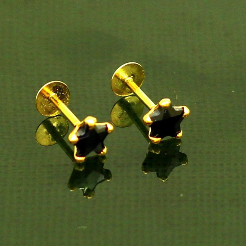 4.5 mm single black stone 18 kt yellow gold handmade star shape design fabulous screw back stud earring use as nose pin unisex jewelry er117 - TRIBAL ORNAMENTS