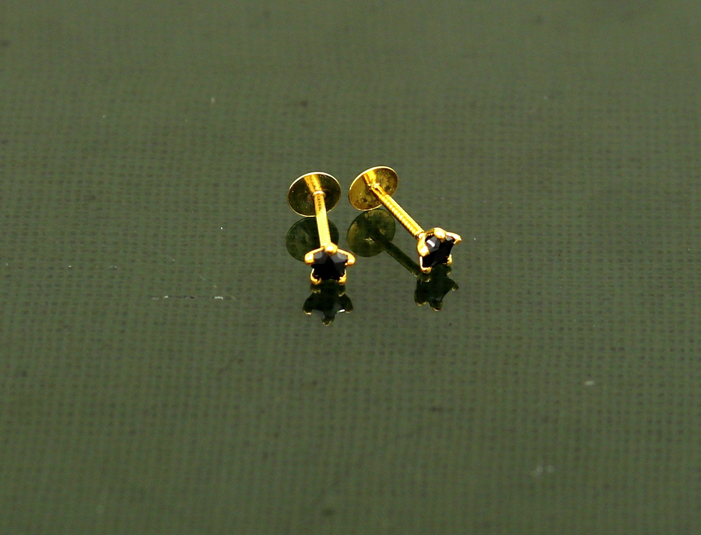 3mm or 3.5mm single black stone 18kt yellow gold handmade star shape fabulous screw back stud earring use as nose pin unisex jewelry er119 - TRIBAL ORNAMENTS