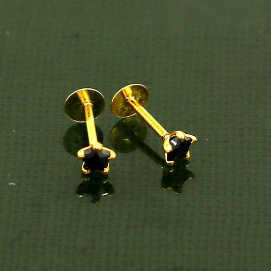 3mm or 3.5mm single black stone 18kt yellow gold handmade star shape fabulous screw back stud earring use as nose pin unisex jewelry er119 - TRIBAL ORNAMENTS