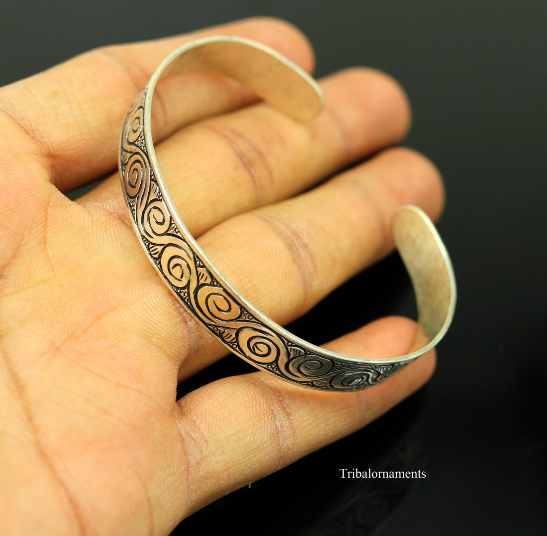 925 Sterling silver handmade fabulous engraved work customized oxidized unisex adjustable bangle bracelet kada tribal jewelry nsk279 - TRIBAL ORNAMENTS