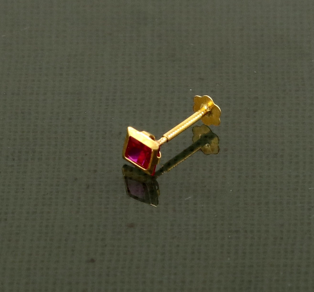 3MM/3.5/4mm single red stone 18kt yellow gold handmade square shape fabulous screw back stud earring or nose in unisex jewelry er122 - TRIBAL ORNAMENTS