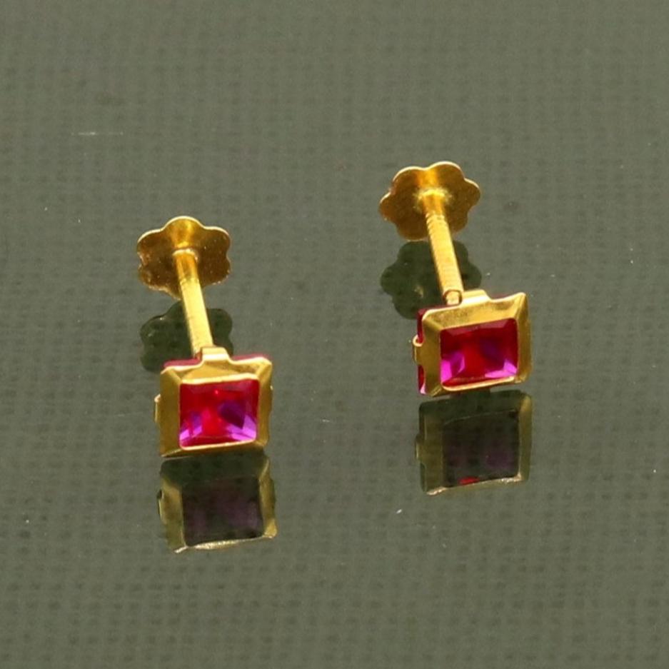 3MM/3.5/4mm single red stone 18kt yellow gold handmade square shape fabulous screw back stud earring or nose in unisex jewelry er122 - TRIBAL ORNAMENTS