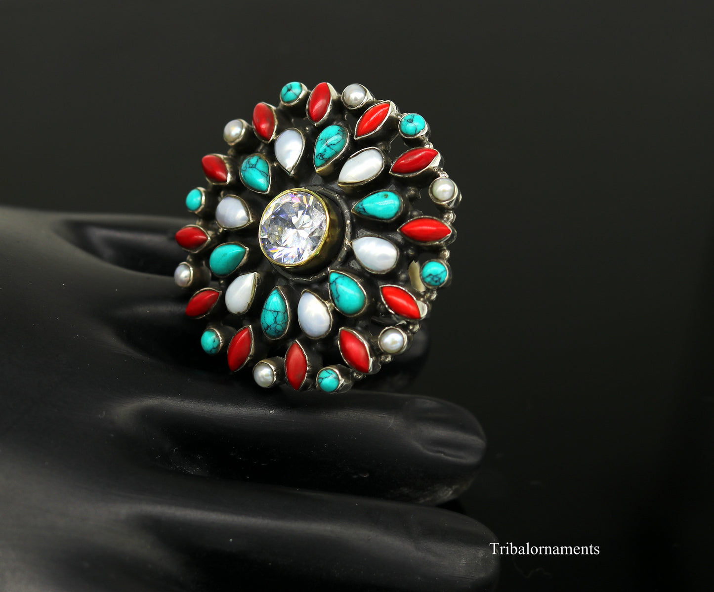 925 sterling silver handmade fabulous ring with gorgeous turquoise stone and pearl,stylish adjustable customized ring unisex jewelry sr264 - TRIBAL ORNAMENTS