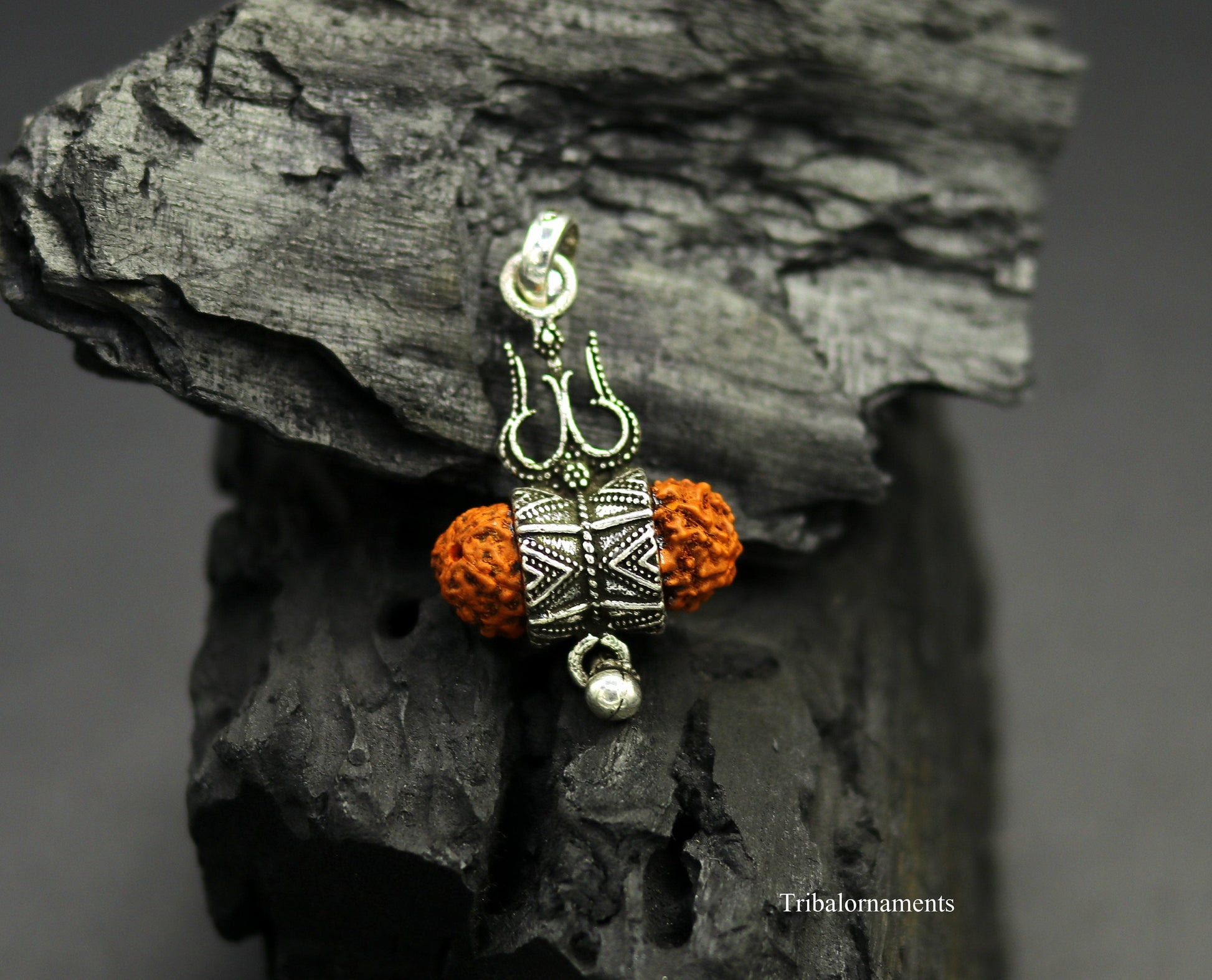 925 sterling silver handmade fabulous natural rudraksh lord shiva trident shape vintage design pendant with hanging drops jewelry nsp377 - TRIBAL ORNAMENTS