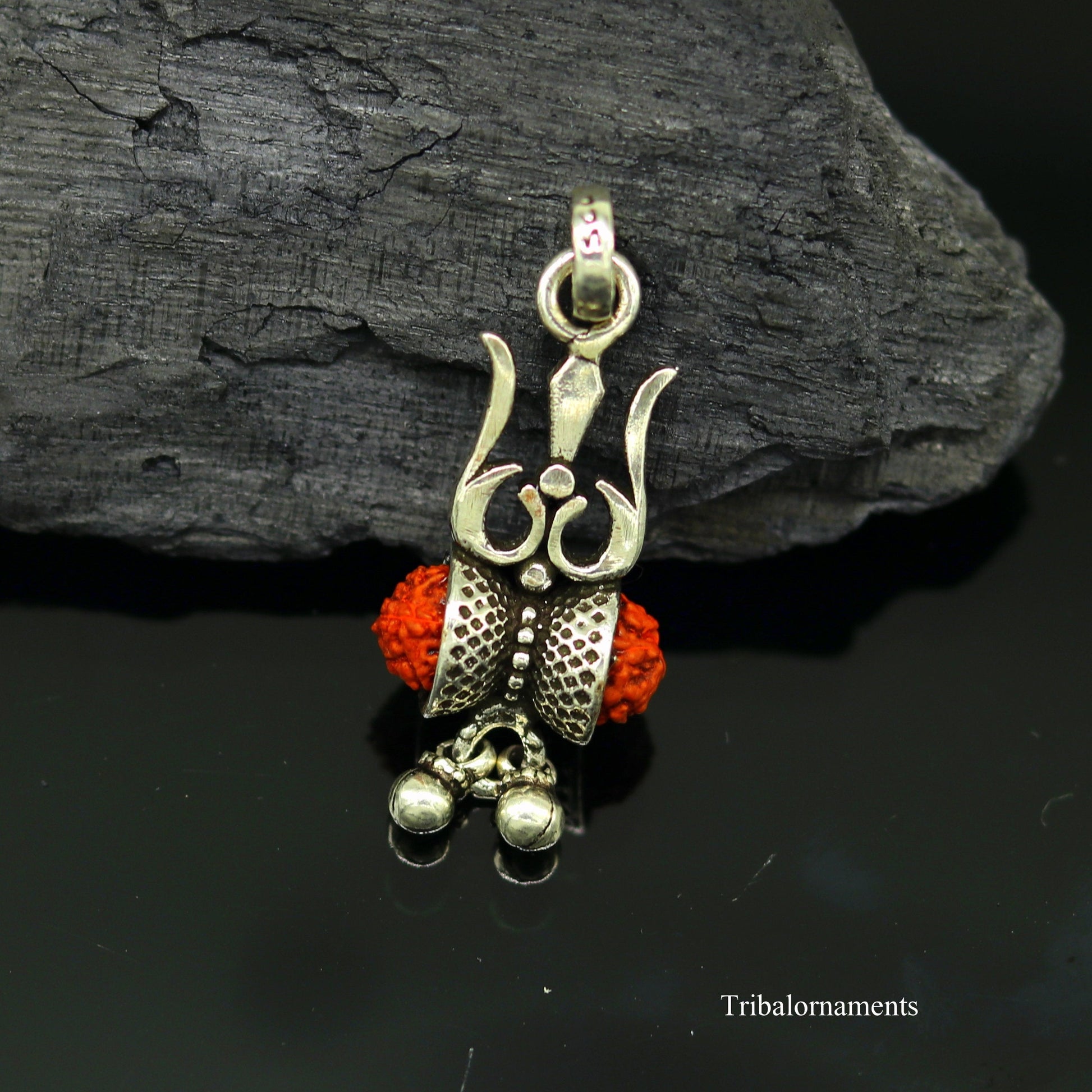 925 sterling silver handmade fabulous natural rudraksh lord shiva trident shape vintage design pendant with hanging drops jewelry nsp382 - TRIBAL ORNAMENTS