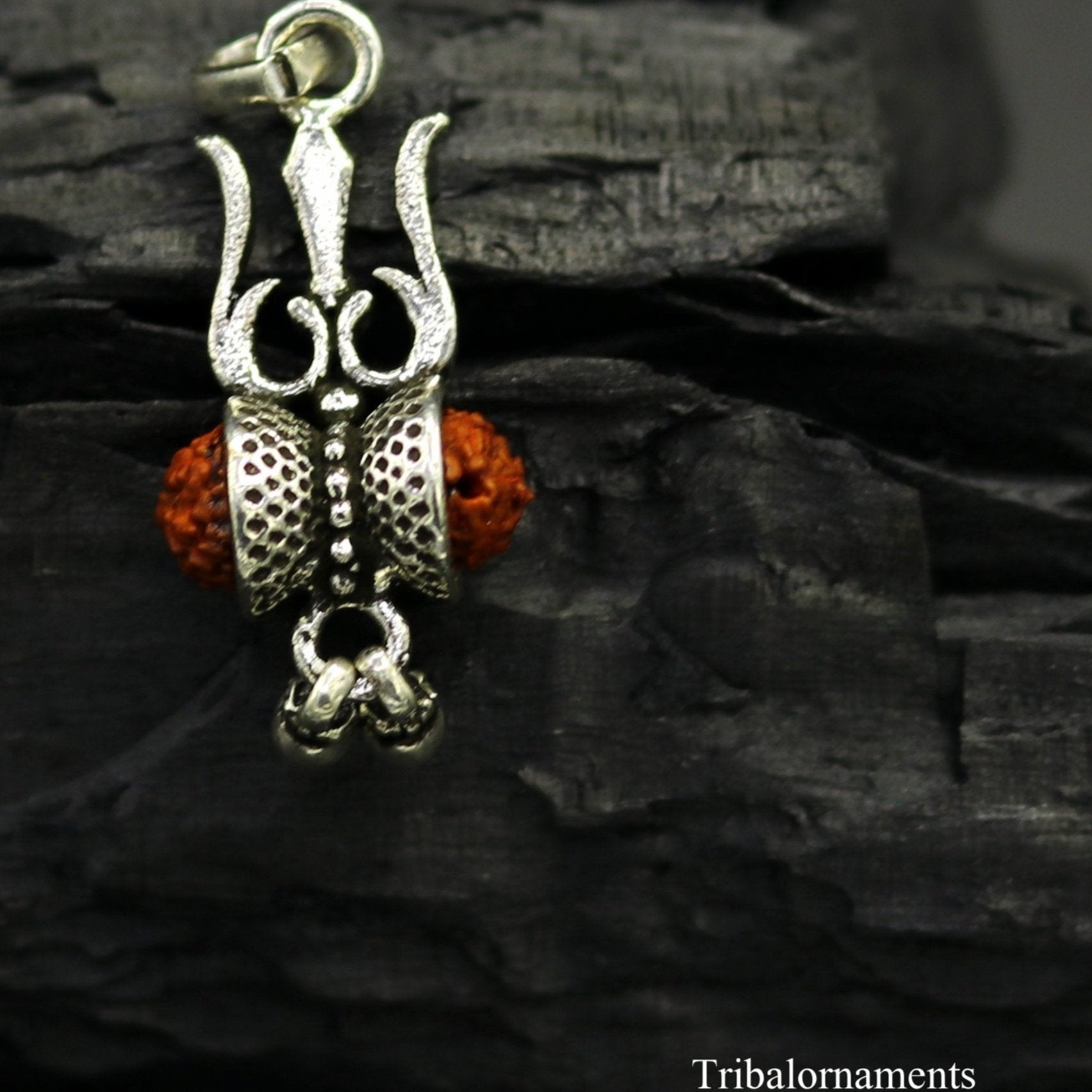 925 sterling silver handmade fabulous natural rudraksh lord shiva trident shape vintage design pendant with hanging drops jewelry nsp382 - TRIBAL ORNAMENTS