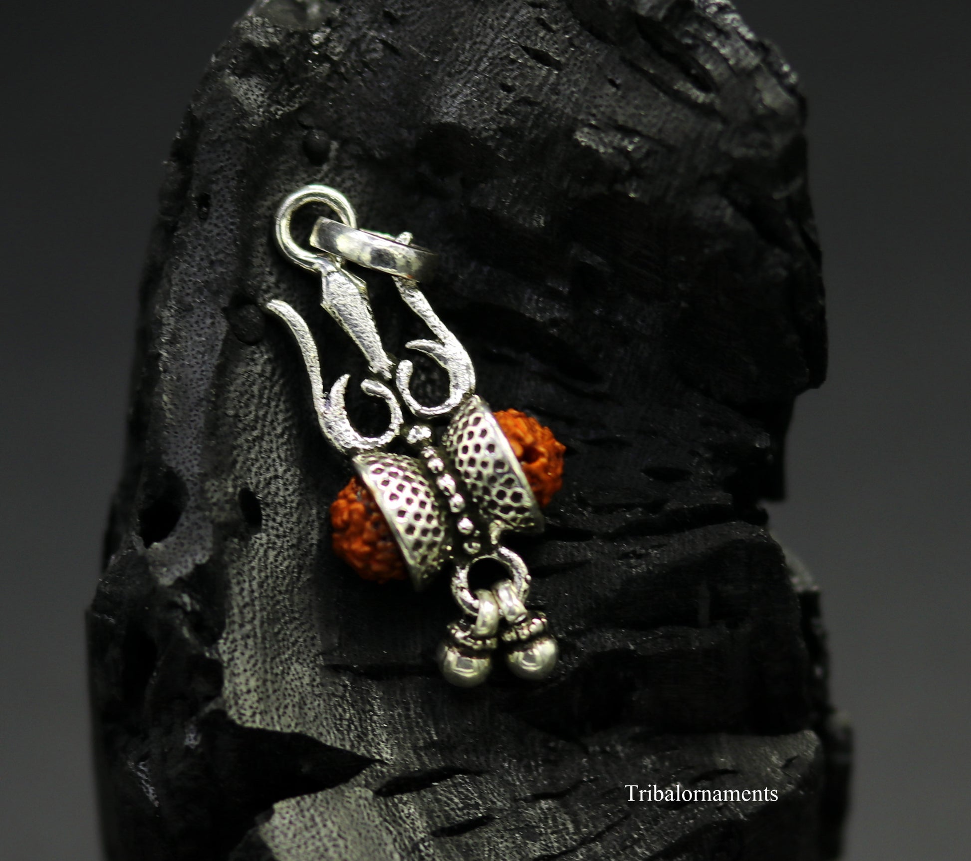 925 sterling silver handmade fabulous natural rudraksh lord shiva trident shape vintage design pendant with hanging drops jewelry nsp382 - TRIBAL ORNAMENTS