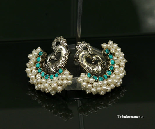 925 sterling silver handmade gorgeous peacock design stud earring with gorgeous turquoise and pearl customized earring tribal jewelry s858 - TRIBAL ORNAMENTS