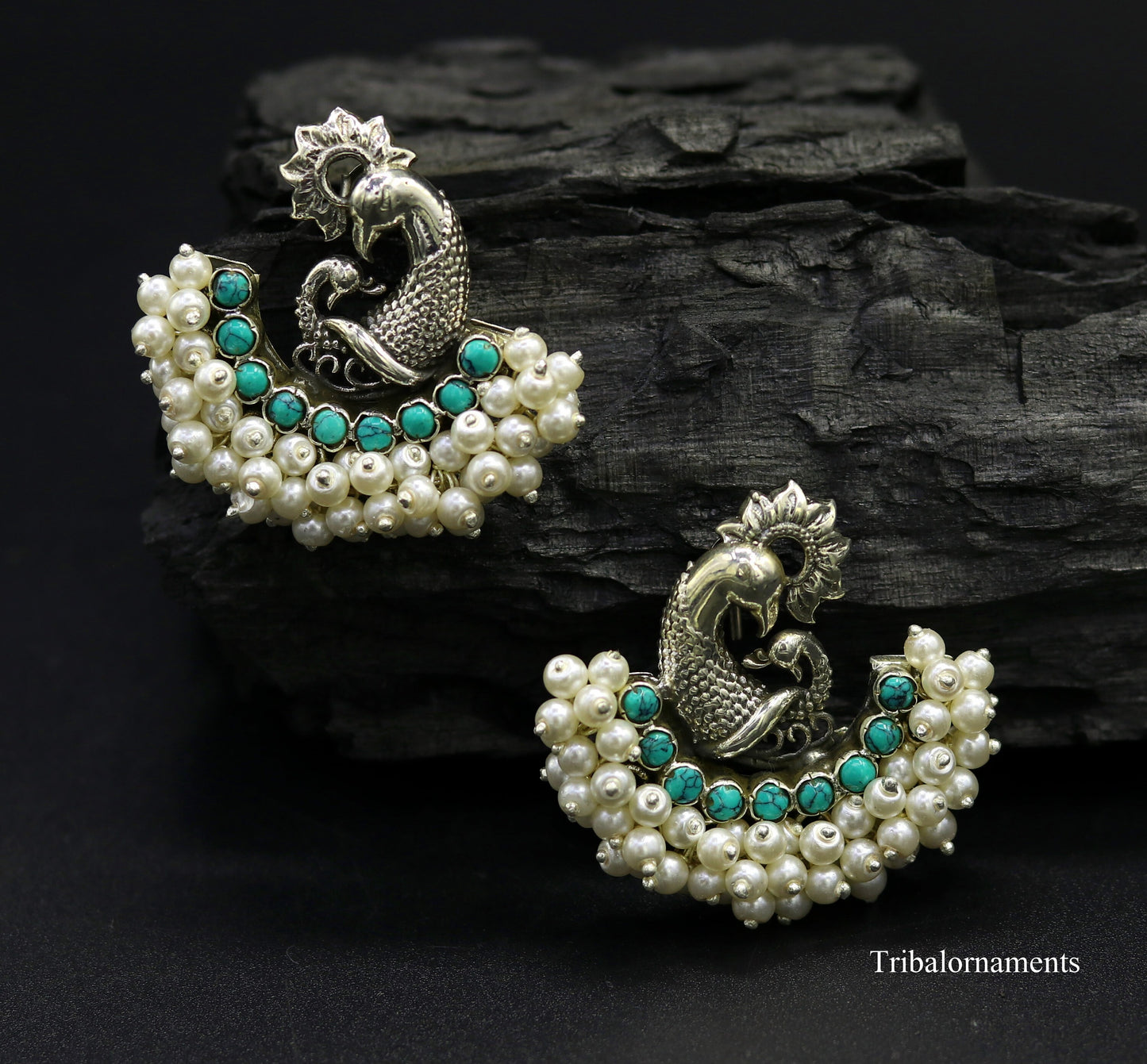 925 sterling silver handmade gorgeous peacock design stud earring with gorgeous turquoise and pearl customized earring tribal jewelry s858 - TRIBAL ORNAMENTS
