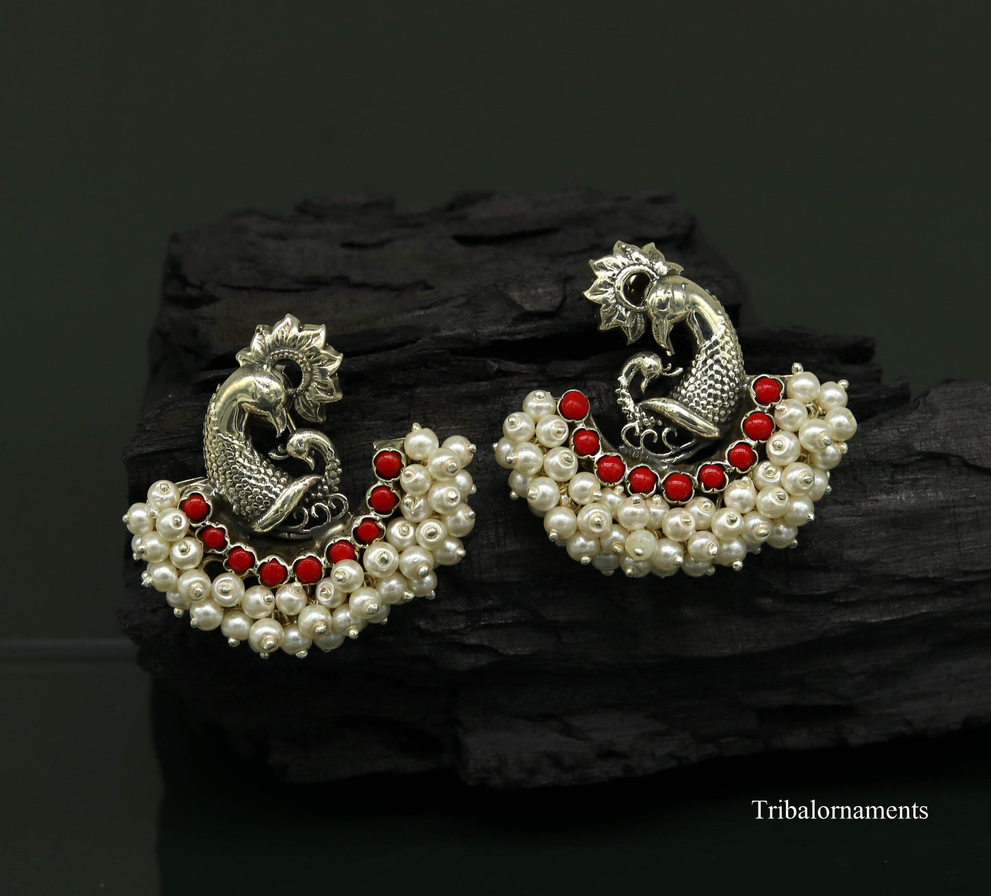 925 sterling silver handmade gorgeous peacock design stud earring with gorgeous red and pearl stone customized earring tribal jewelry s859 - TRIBAL ORNAMENTS