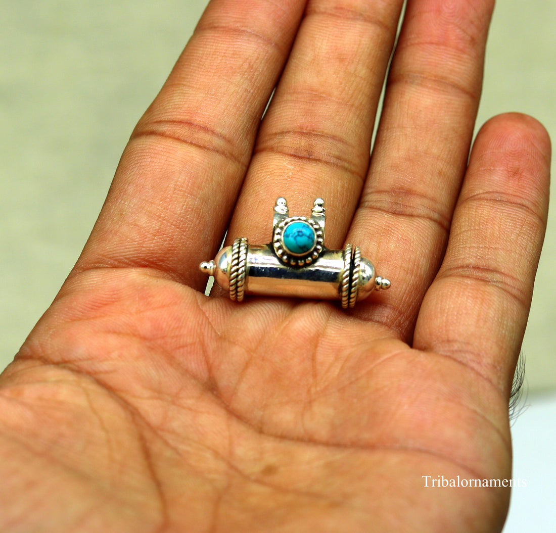 925 sterling silver handmade gorgeous blue turquoise stone handmade box amulet pendant, container pendant unisex jewelry india nsp389 - TRIBAL ORNAMENTS