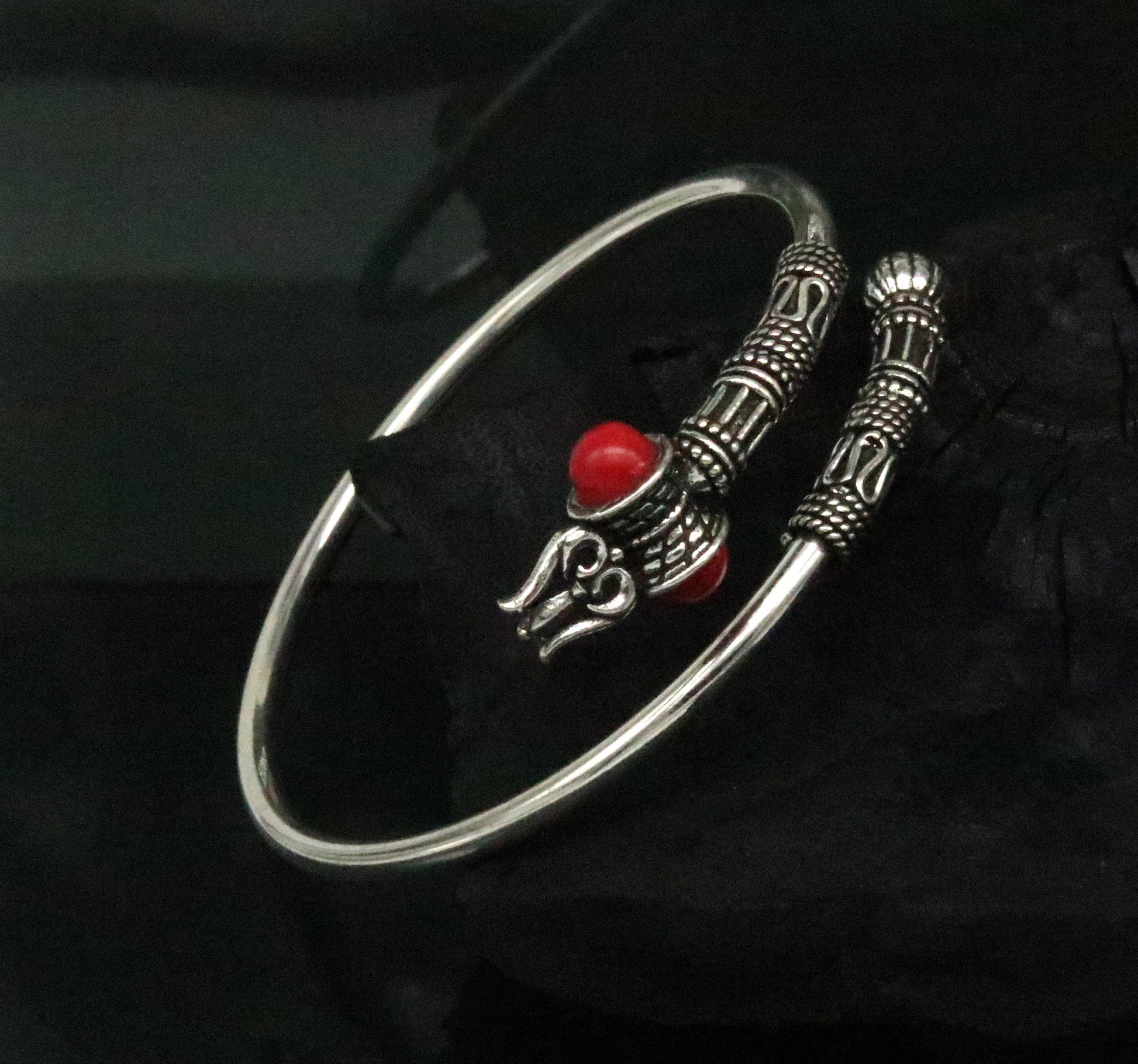 925 sterling silver handmade gorgeous customized lord shiva bangle bracelet, excellent trident trishul with coral unisex jewelry nssk14 - TRIBAL ORNAMENTS