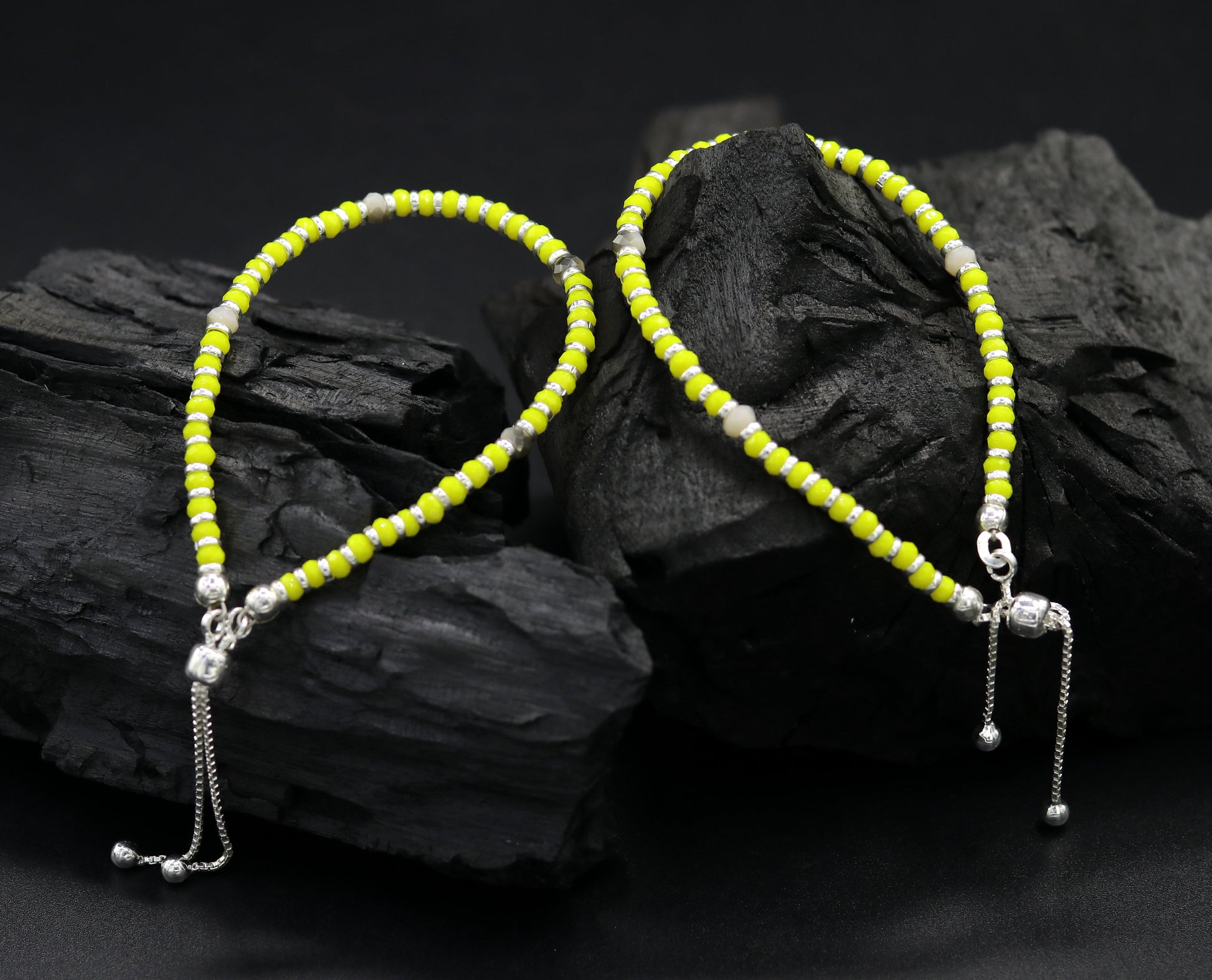 7" 925 sterling silver gorgeous silver and yellow beads adjustable bracelet, charm bracelet, customized bracelet girl's jewelry sbr164 - TRIBAL ORNAMENTS