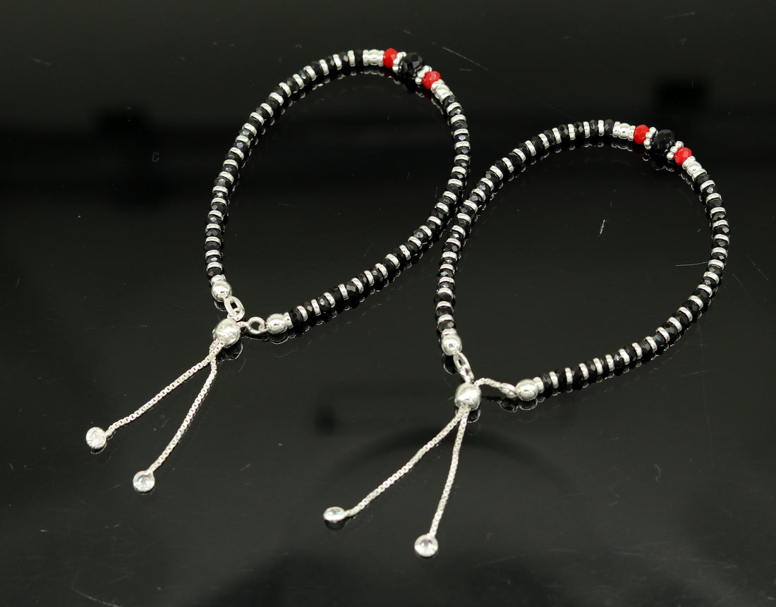 7" long 925 sterling silver gorgeous silver and black beads adjustable bracelet, charm bracelet, customized bracelet girl's jewelry sbr165 - TRIBAL ORNAMENTS