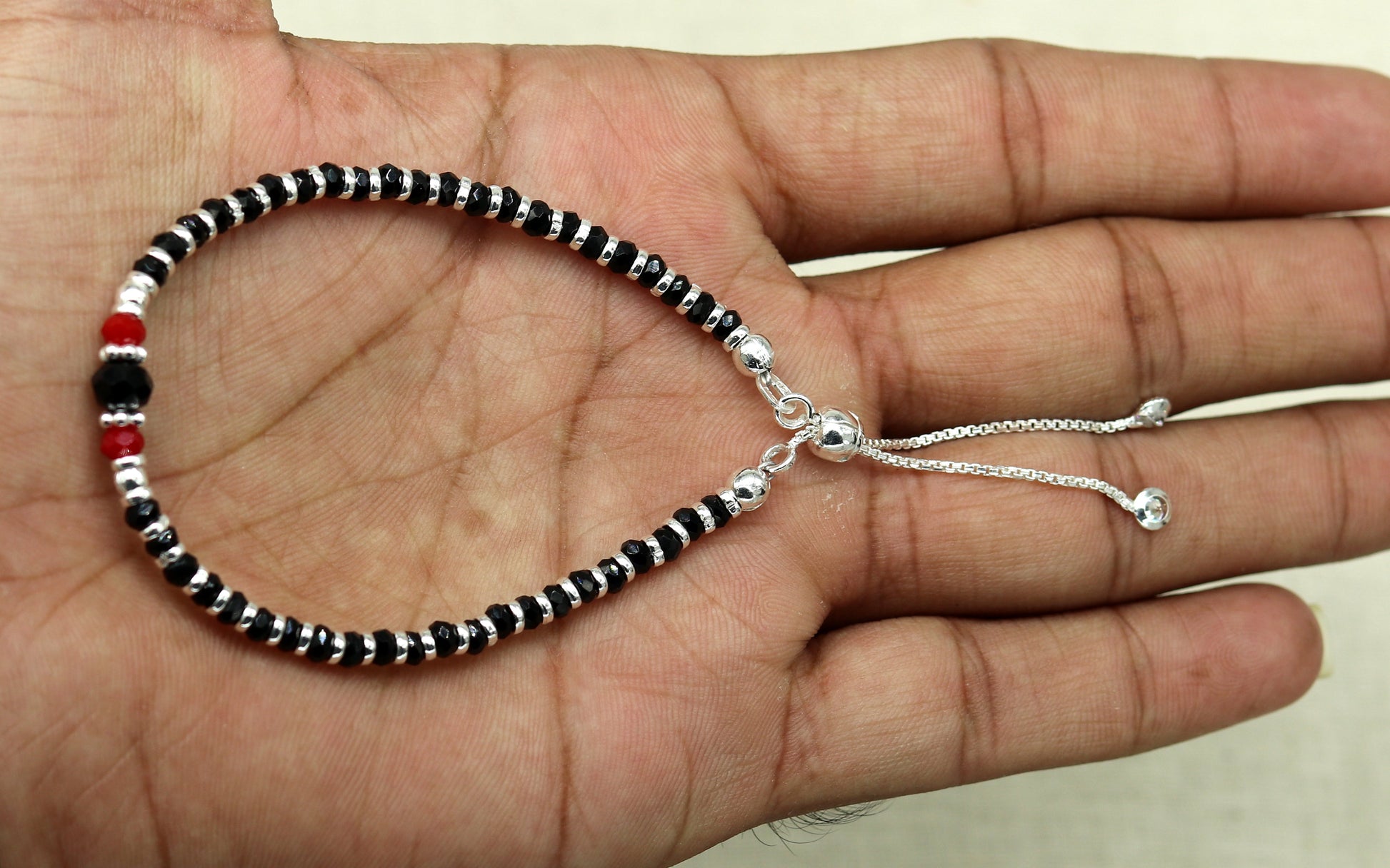 7" long 925 sterling silver gorgeous silver and black beads adjustable bracelet, charm bracelet, customized bracelet girl's jewelry sbr165 - TRIBAL ORNAMENTS