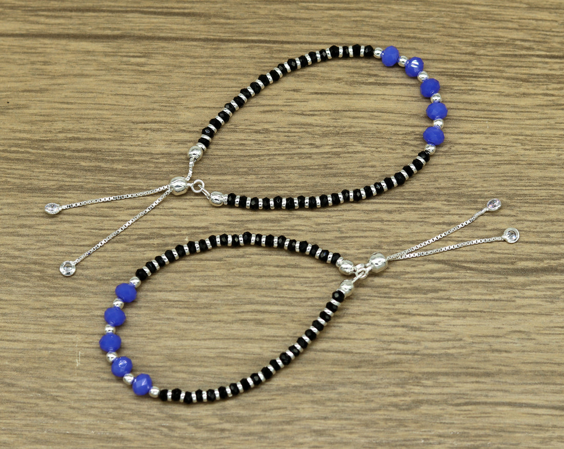 7" long 925 sterling silver gorgeous silver and black beads adjustable bracelet, charm bracelet, customized bracelet girl's jewelry sbr166 - TRIBAL ORNAMENTS