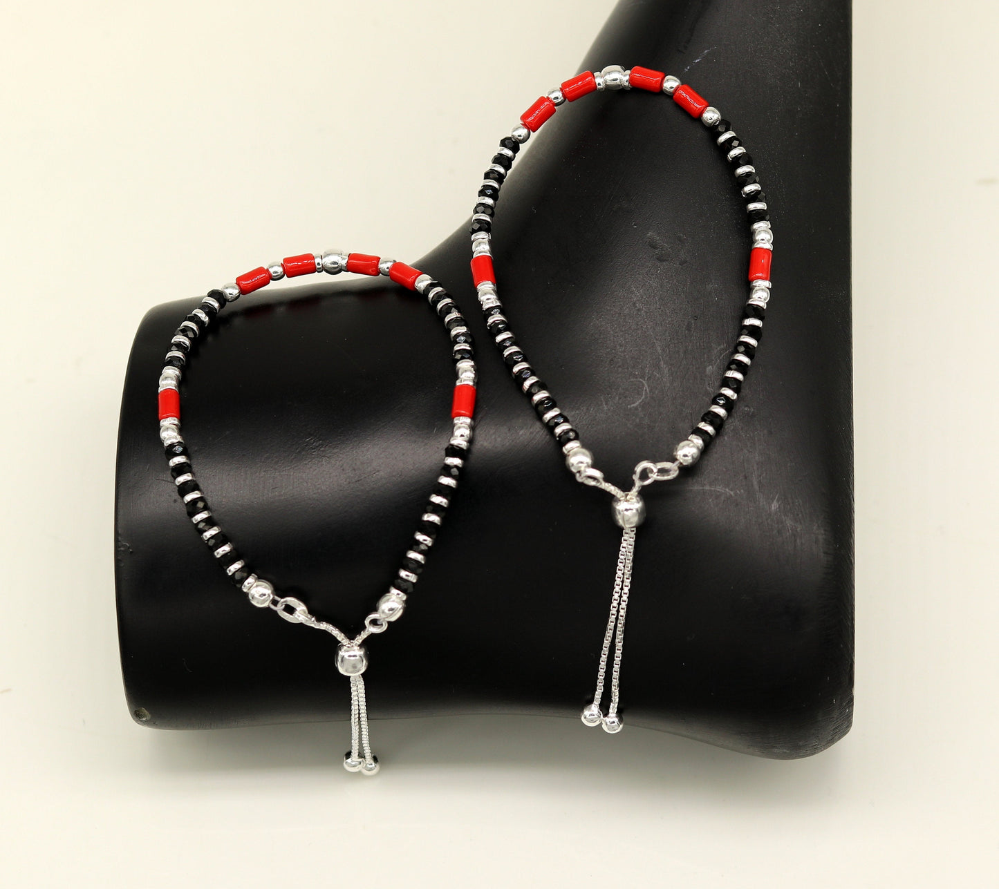 7 inches long handmade 925 sterling silver fabulous silver beads, black and red beads stone charm adjustable customized bracelet sbr167 - TRIBAL ORNAMENTS