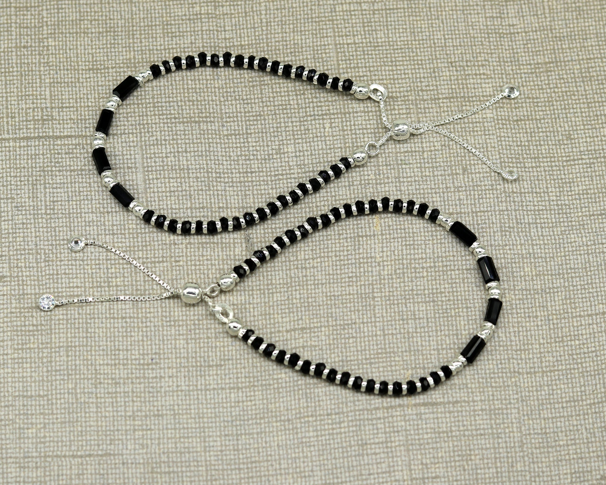 7 inches long handmade 925 sterling silver fabulous silver beads, black stone charm adjustable customized single bracelet for girl's gifting sbr170 - TRIBAL ORNAMENTS