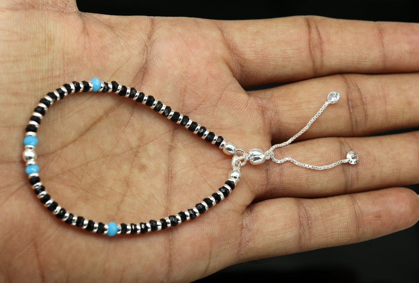925 sterling silver handmade black and blue stone silver beads bracelet , pretty charm bracelet, customized beaded jewelry for girls sbr174 - TRIBAL ORNAMENTS