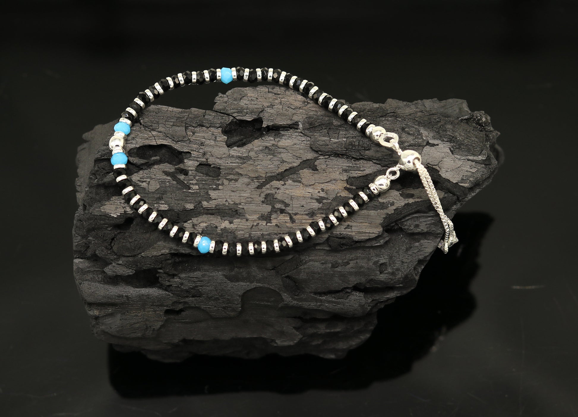 925 sterling silver handmade black and blue stone silver beads bracelet , pretty charm bracelet, customized beaded jewelry for girls sbr174 - TRIBAL ORNAMENTS