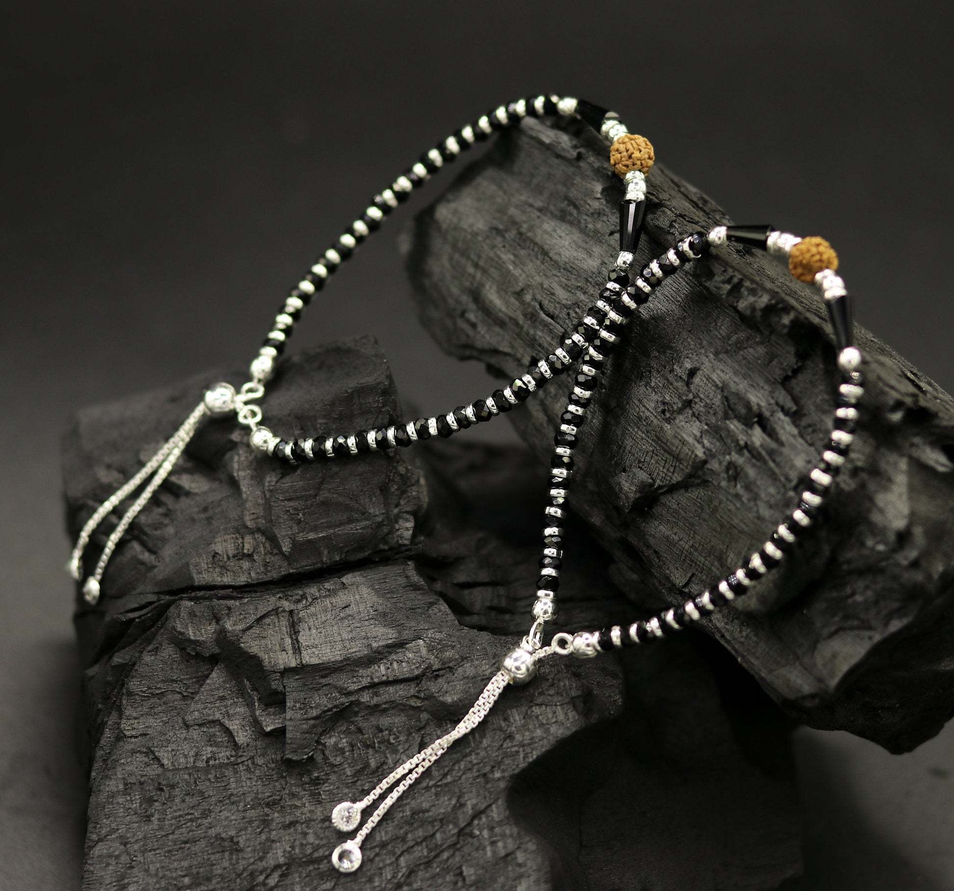 925 sterling silver handmade silver Rudraksh and black beads bracelet , pretty charm bracelet, customized beaded jewelry for girls sbr175 - TRIBAL ORNAMENTS