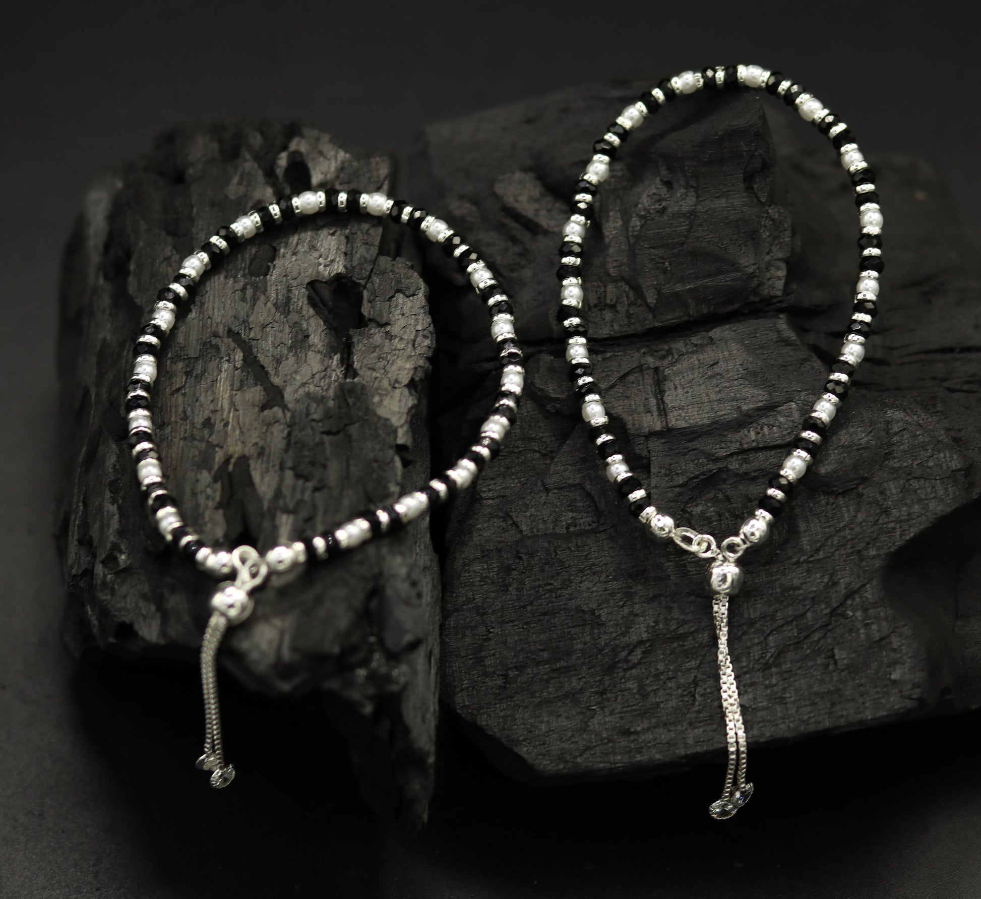 925 sterling silver handmade silver beads and black beads bracelet , pretty charm bracelet, customized beaded jewelry for girls sbr176 - TRIBAL ORNAMENTS