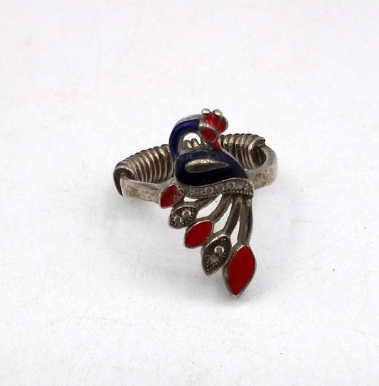 Vintage old silver handmade ring fabulous antique peacock design color enamel unisex ring band indian tribal jewelry r48 - TRIBAL ORNAMENTS