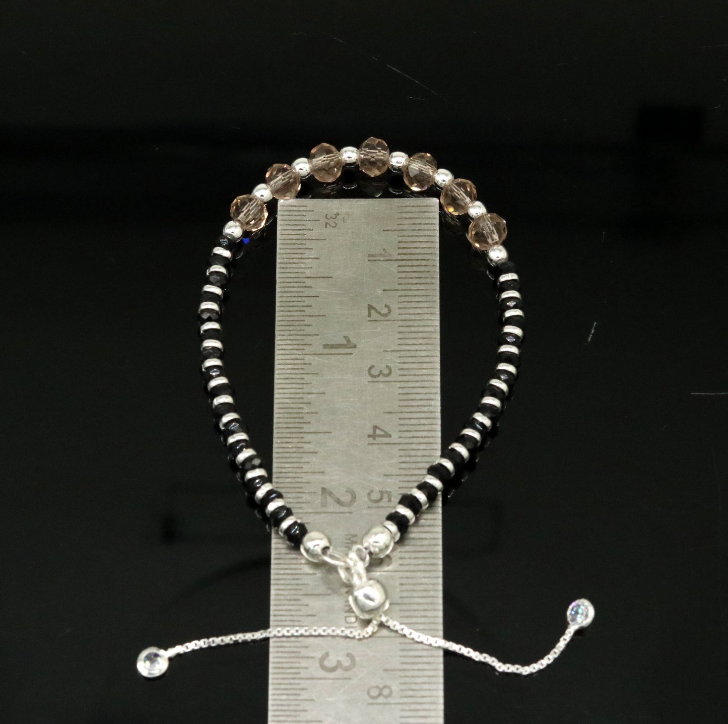Stylish 925 sterling silver beaded with black onyx stone handmade charm adjustable bracelet 'Nazariya' charm jewelry for girls sbr180 - TRIBAL ORNAMENTS