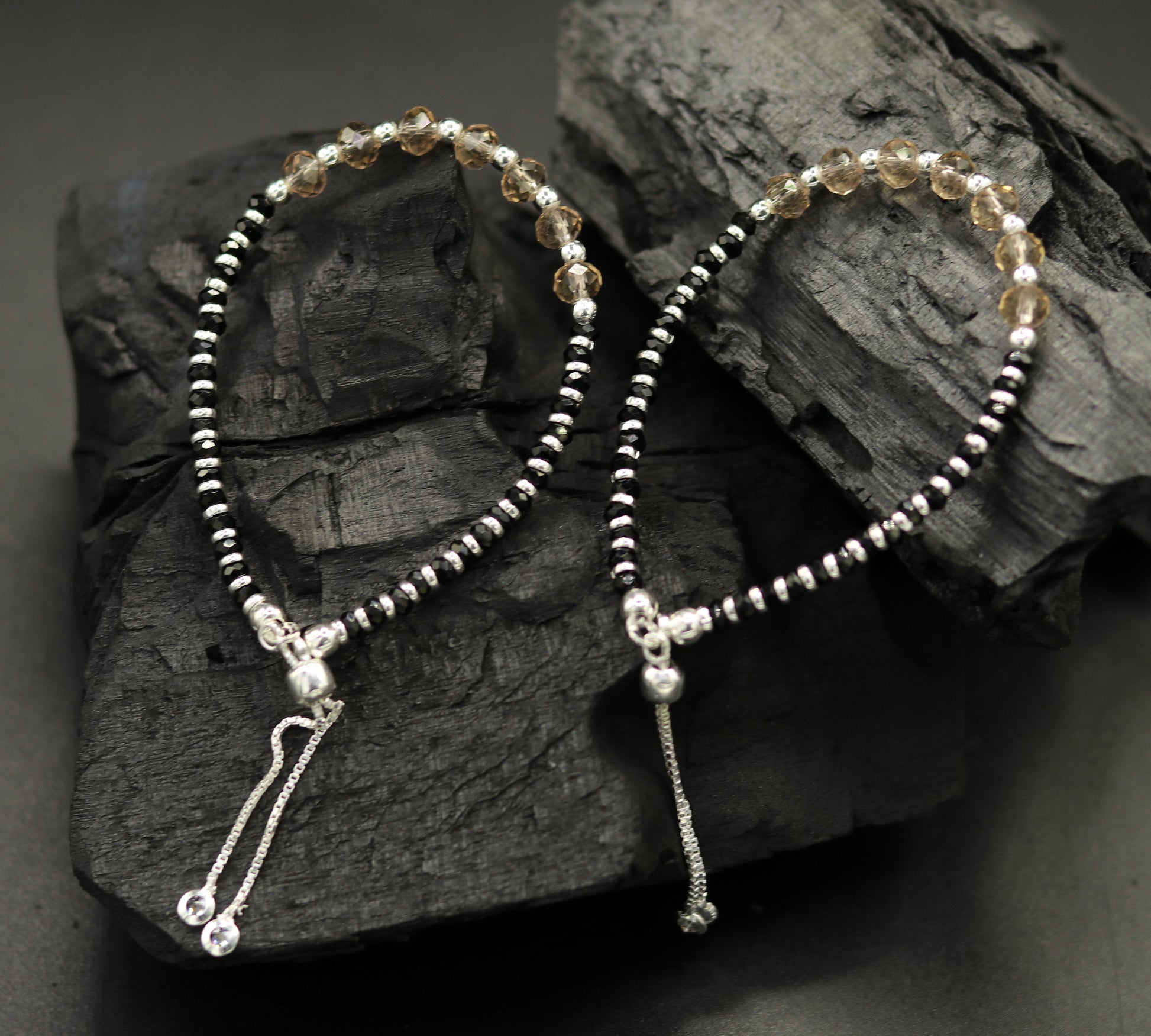 Stylish 925 sterling silver beaded with black onyx stone handmade charm adjustable bracelet 'Nazariya' charm jewelry for girls sbr180 - TRIBAL ORNAMENTS