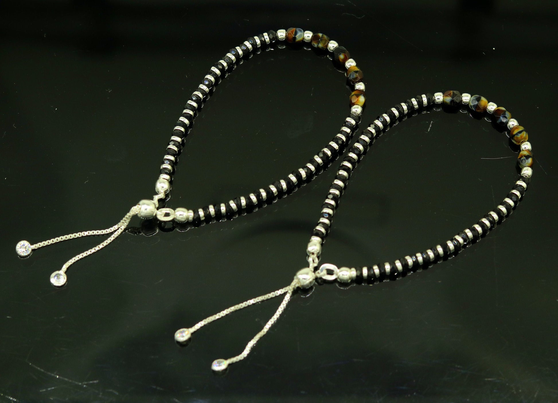 Stylish 925 sterling silver beaded with black onyx stone handmade charm adjustable bracelet 'Nazariya' charm jewelry for girls sbr182 - TRIBAL ORNAMENTS