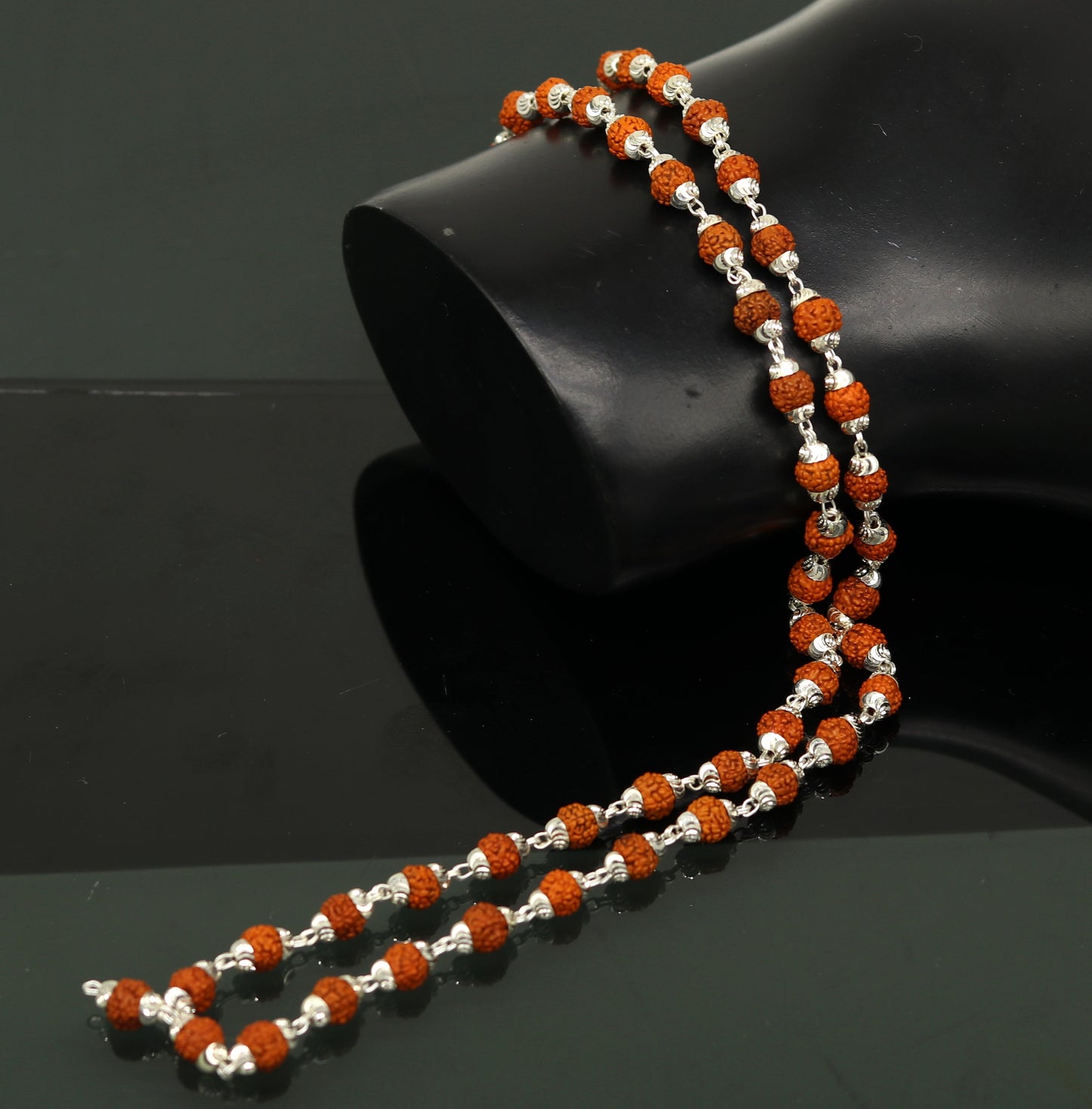 Handmade Sterling silver gorgeous natural Rudraksh beads 23" long 54 beads japp mala necklace chanting necklace praying mantra ch79 - TRIBAL ORNAMENTS