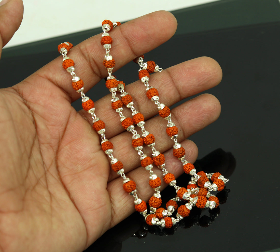 Handmade Sterling silver gorgeous natural Rudraksh beads 23" long 54 beads japp mala necklace chanting necklace praying mantra ch79 - TRIBAL ORNAMENTS