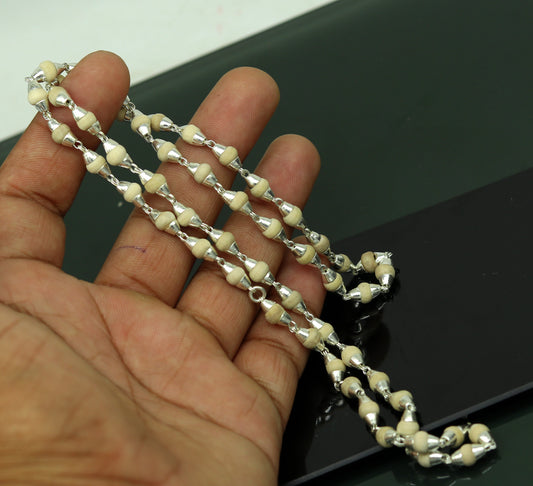 24" Sterling silver handmade wooden beads basil rosary 54  beads silver chain necklace unisex jewelry , tulsi mala customized necklace ch80 - TRIBAL ORNAMENTS