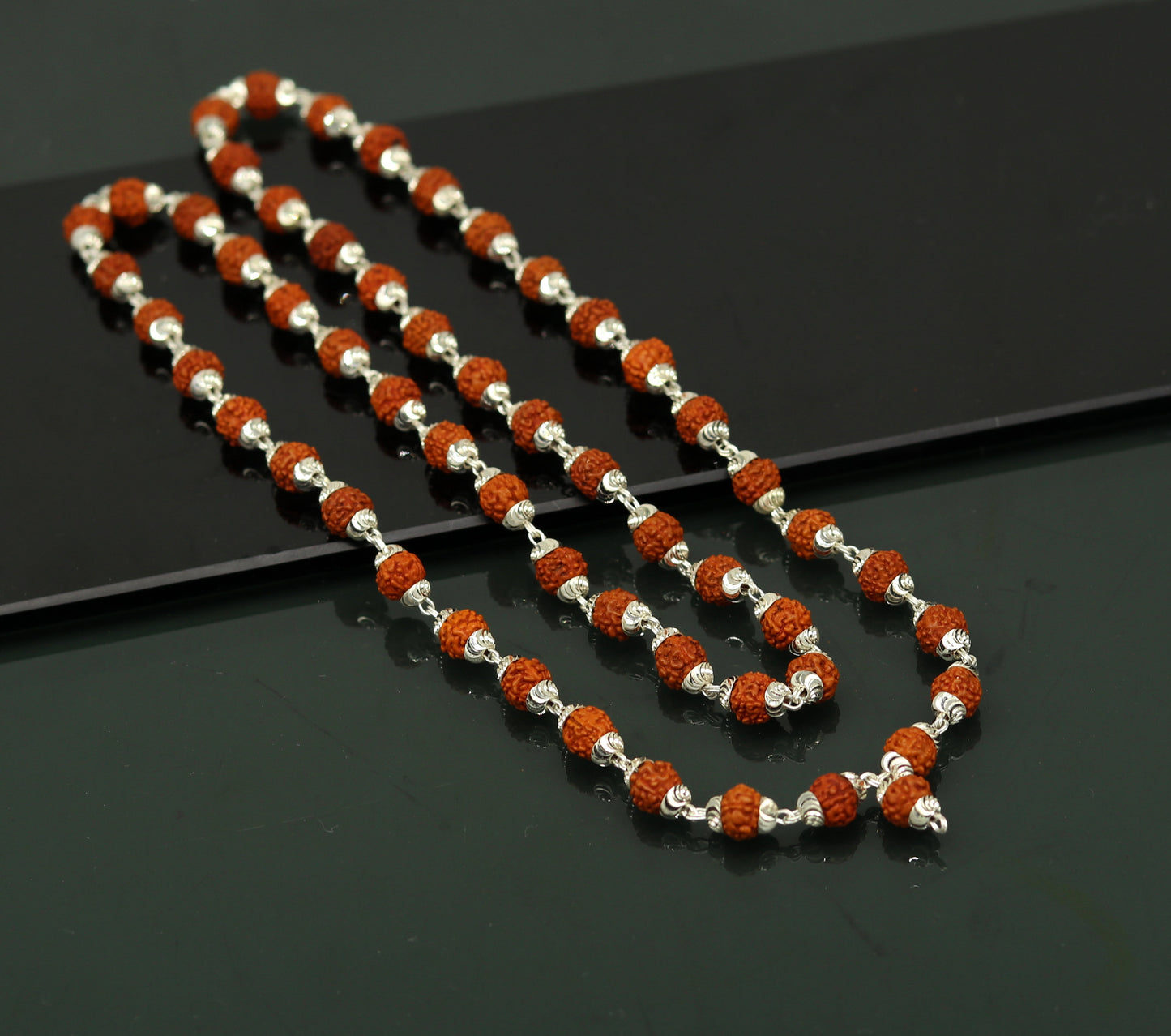 Handmade Sterling silver gorgeous natural Rudraksh beads 26" long 54 beads japp mala necklace chanting necklace praying mantra ch83 - TRIBAL ORNAMENTS