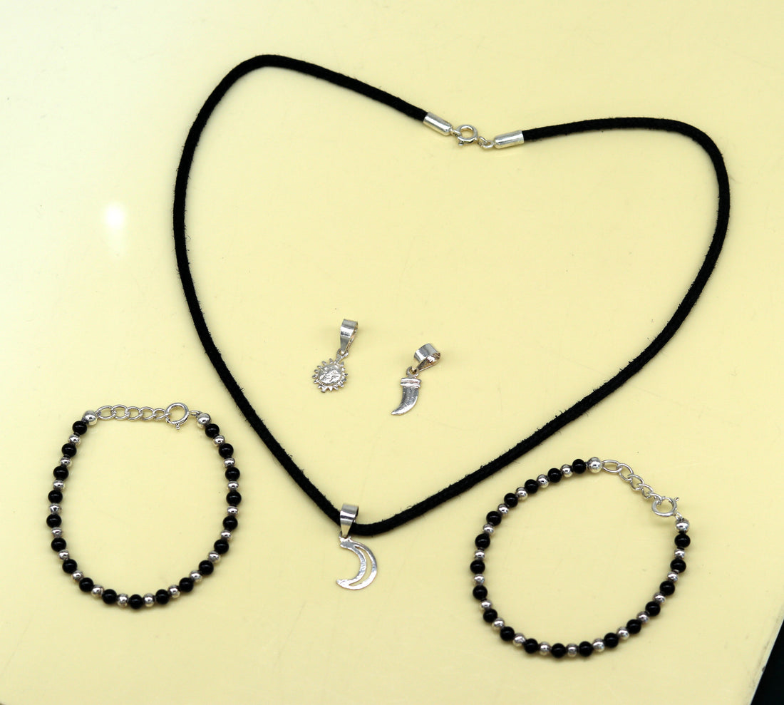 925 sterling silver handmade baby necklace pendant set with gorgeous adjustable black beads bracelet and 3 little pendants jewelry babyset1 - TRIBAL ORNAMENTS
