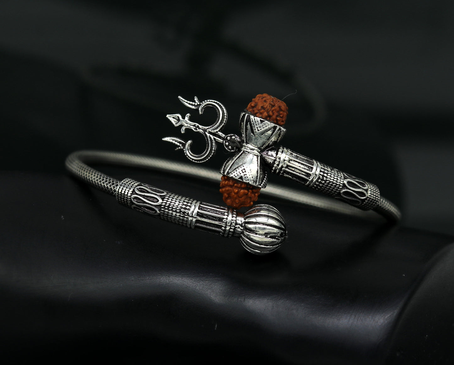 925 sterling silver handmade amazing customized lord shiva bangle bracelet, excellent trident trishul with rudraksha unisex jewelry nssk15 - TRIBAL ORNAMENTS